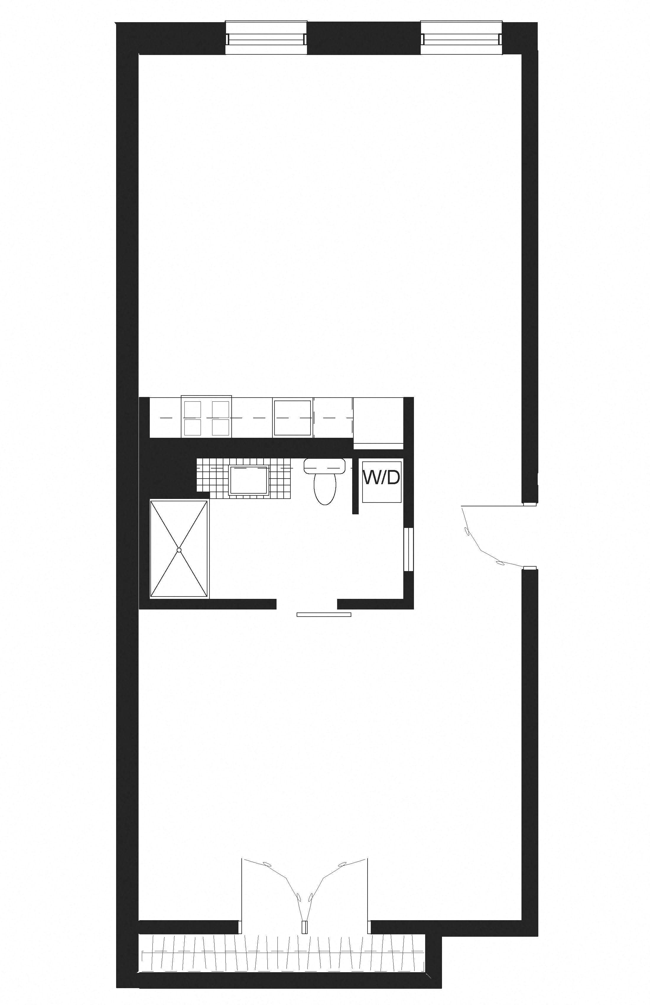 Floor plan for 1 bed, 1 bath, 843 sqft
